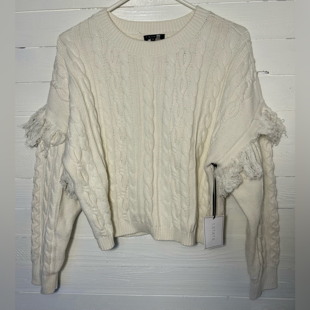 1.State Women’s XL ivory cable knit sweater, long sleeve, fringe, cropped. - Picture 8 of 8